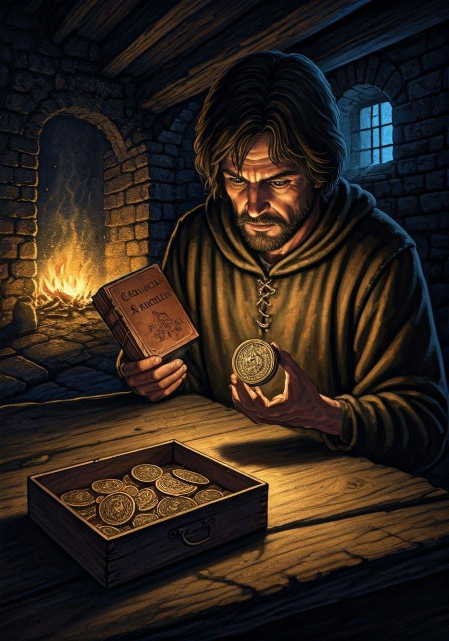 Medieval Man Discovers Relics in Ruins, Dark Fantasy Art