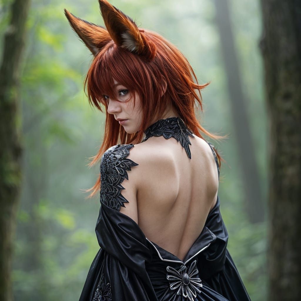 Elegant Red-Haired Kitsune in Black Dress