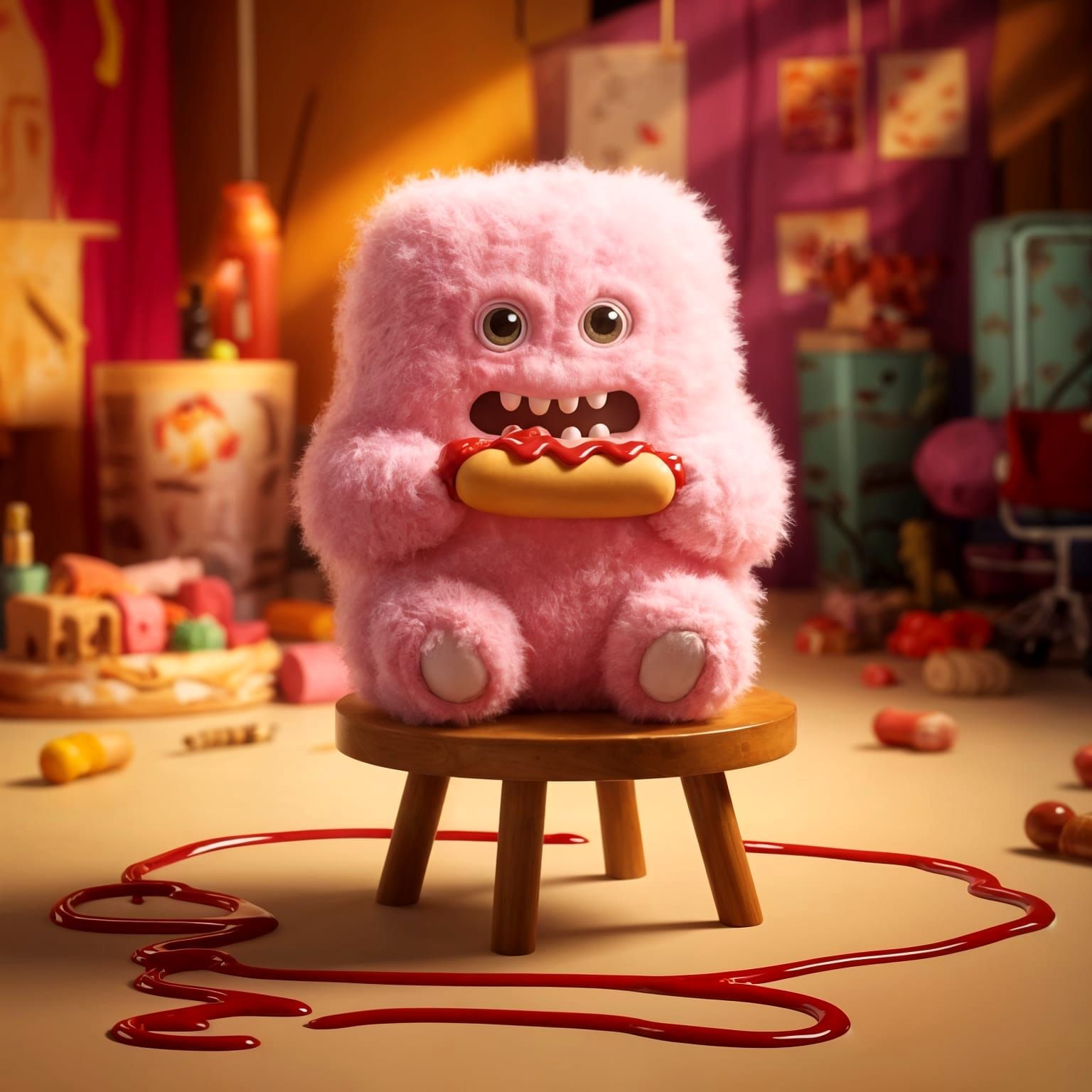 Surreal Marshmallow Monster Devours Hot Dog in Whimsical Stu...