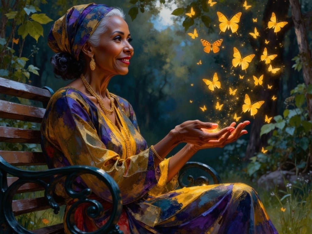 Elderly Black Woman Releasing Glowing Butterflies at Twiligh...