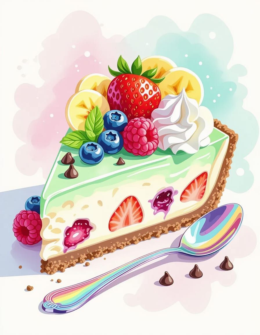 Mint Chocolate Cheesecake with Fruit Toppings in Watercolor ...