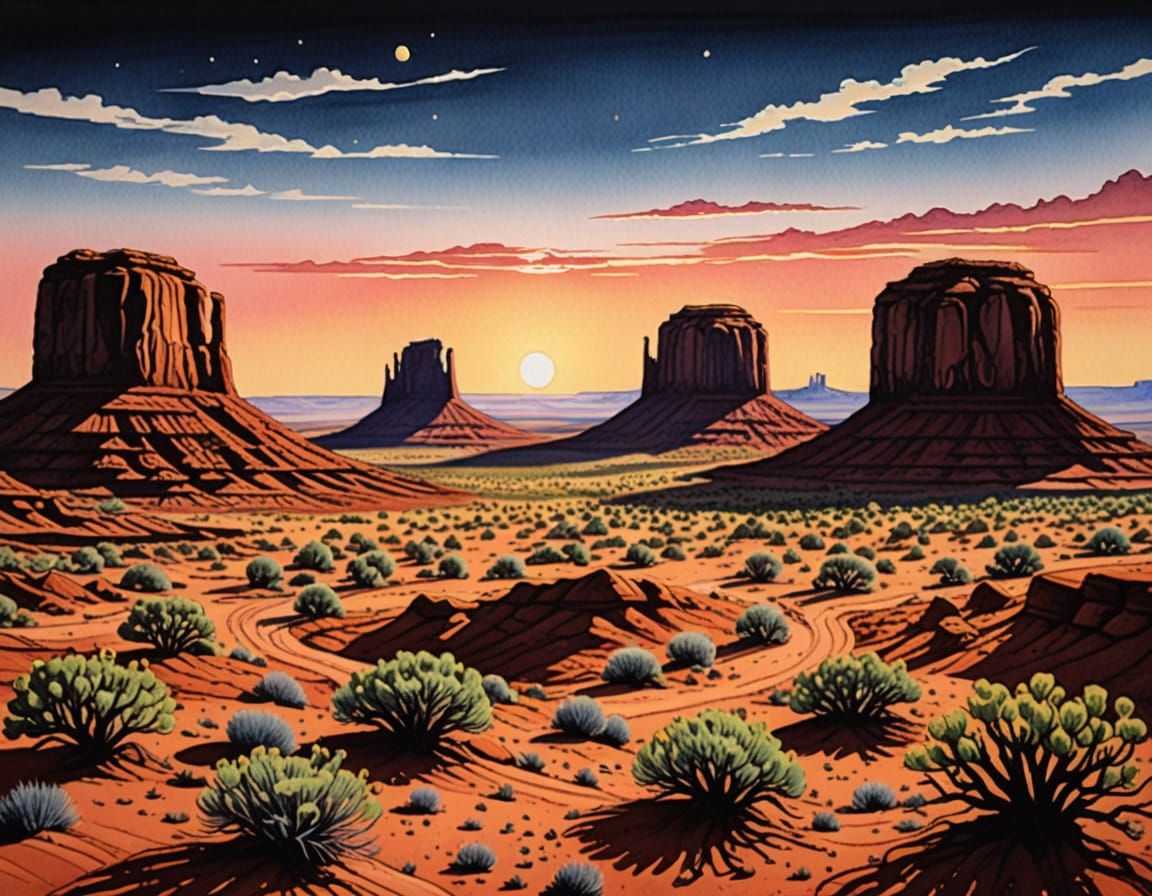 Detailed Ink Drawing of Monument Valley at Sunset