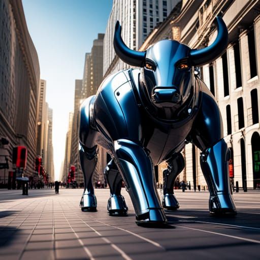 a bull at wall street that look like a high tech robot with advanced mechanism and flames emanating from the eyes, reali...