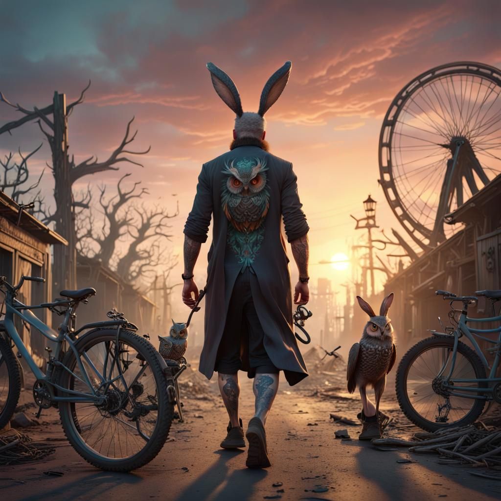 Hallucinogenic Sunset Walk with Rabbit and Owl