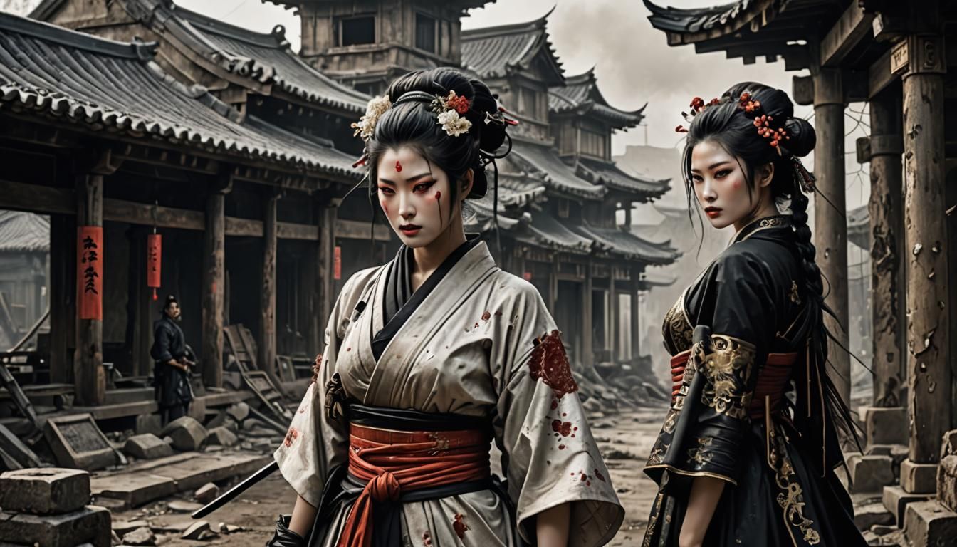 Wounded Geisha in Ruined Market, Dark Fantasy Art
