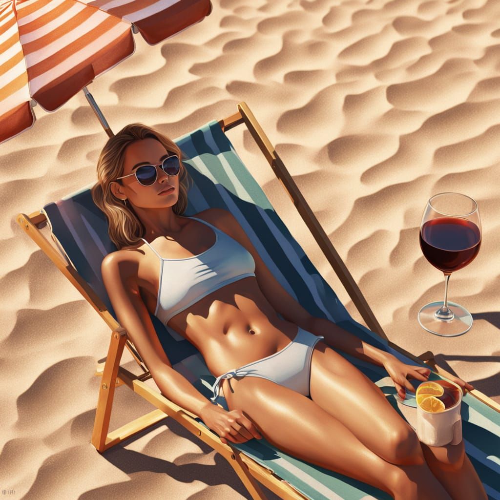 Young Woman Relaxing on Beach in Photorealistic Style