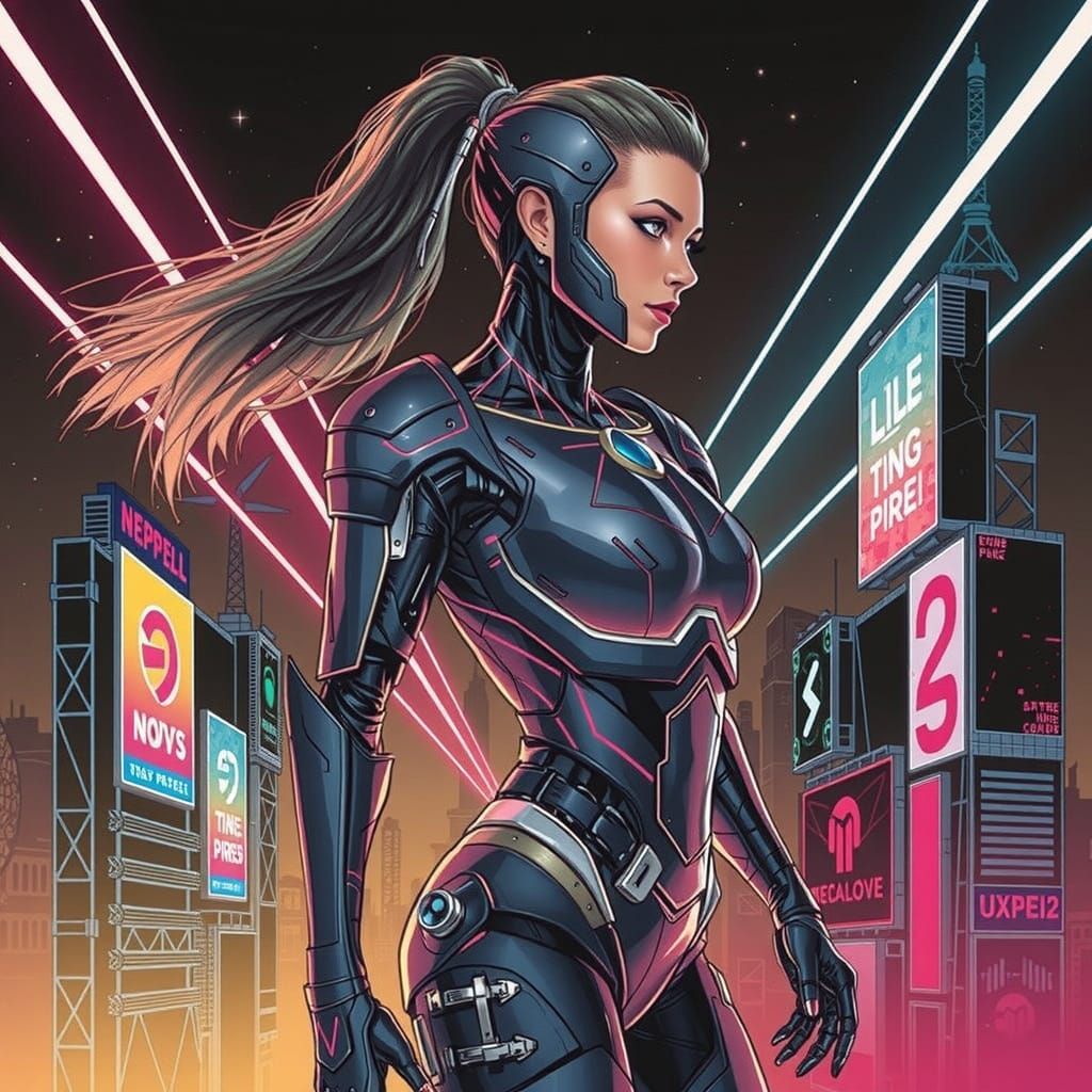Cyberpunk Female Cyborg Samurai in Neon-Lit Cityscape