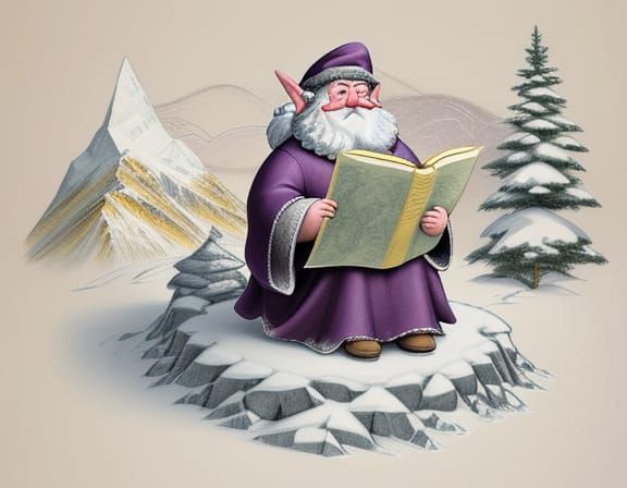 Gnome Sage Reads Map in Snowy Field, Graphite Art