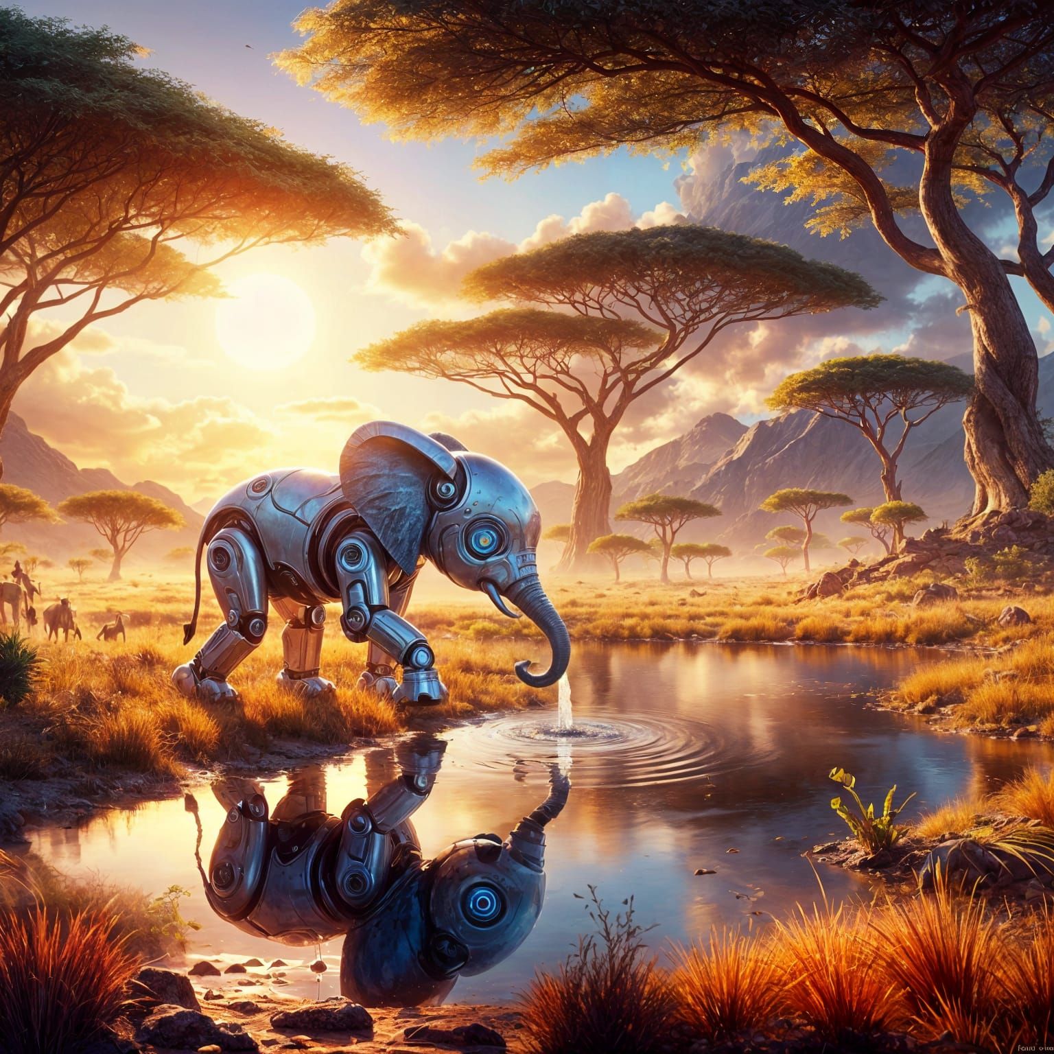 Baby Robot Elephant Drinks on the Savannah