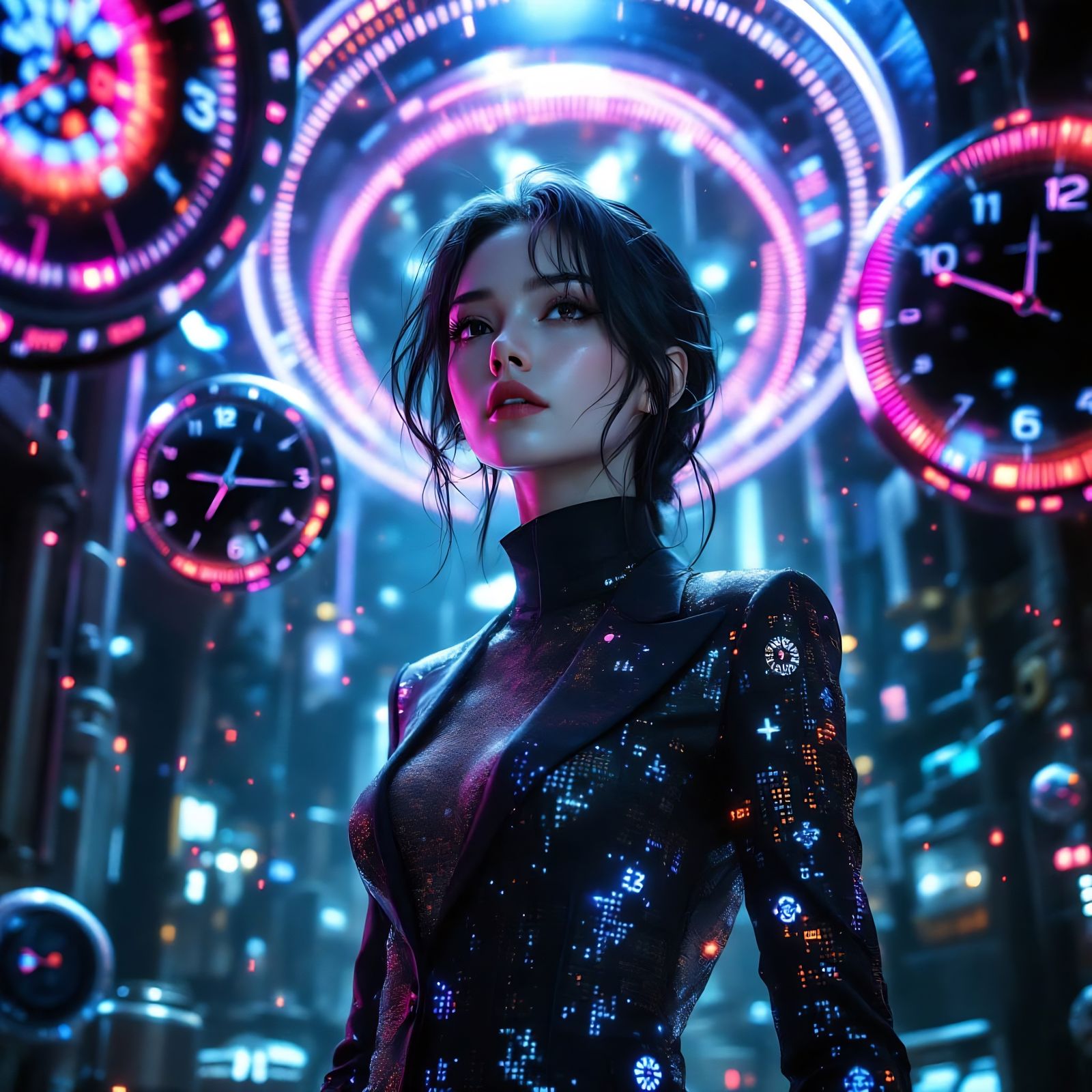 Quantum-Punk Tohsaka Rin in Futuristic Lab