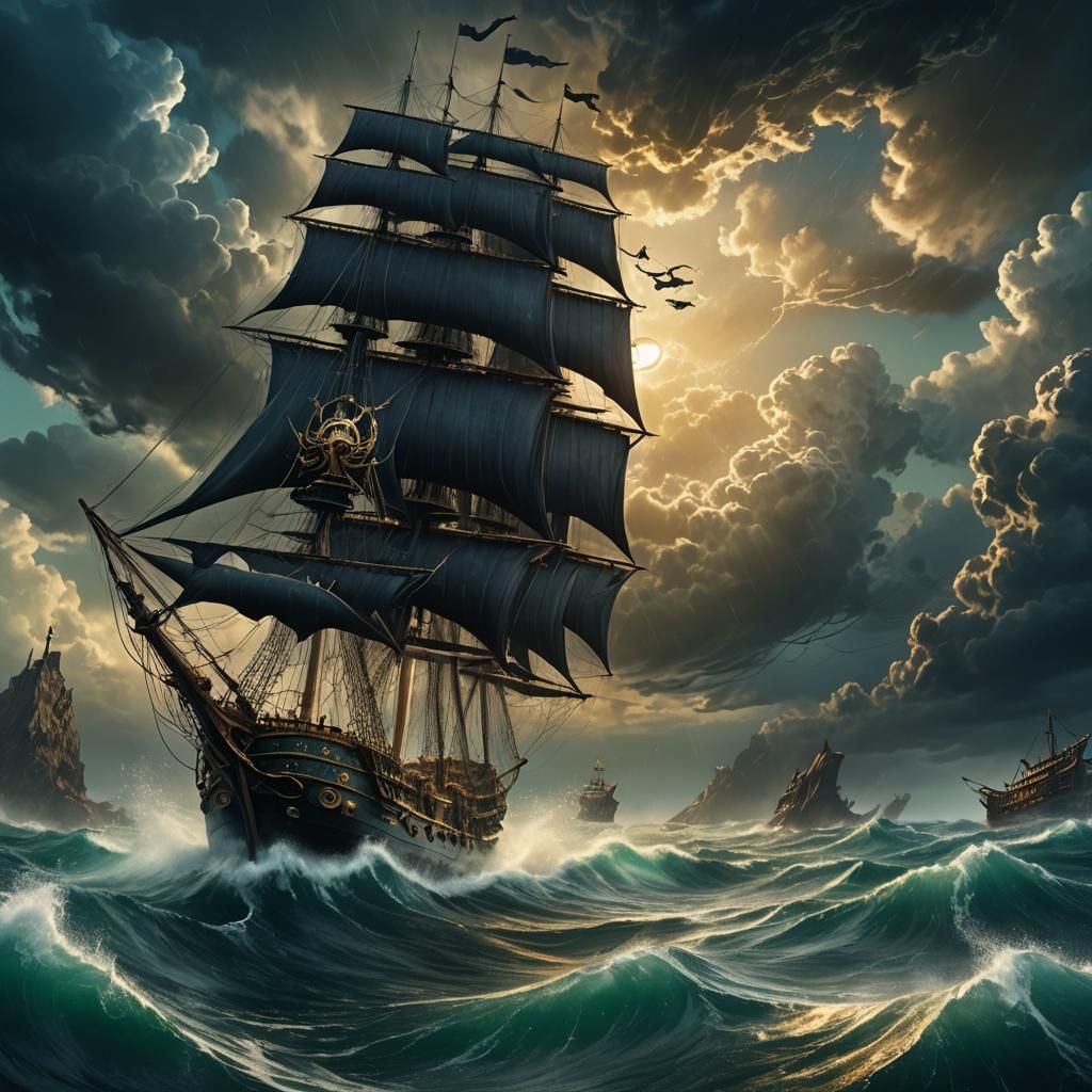 The Black Pearl Sails Through Stormy Seas