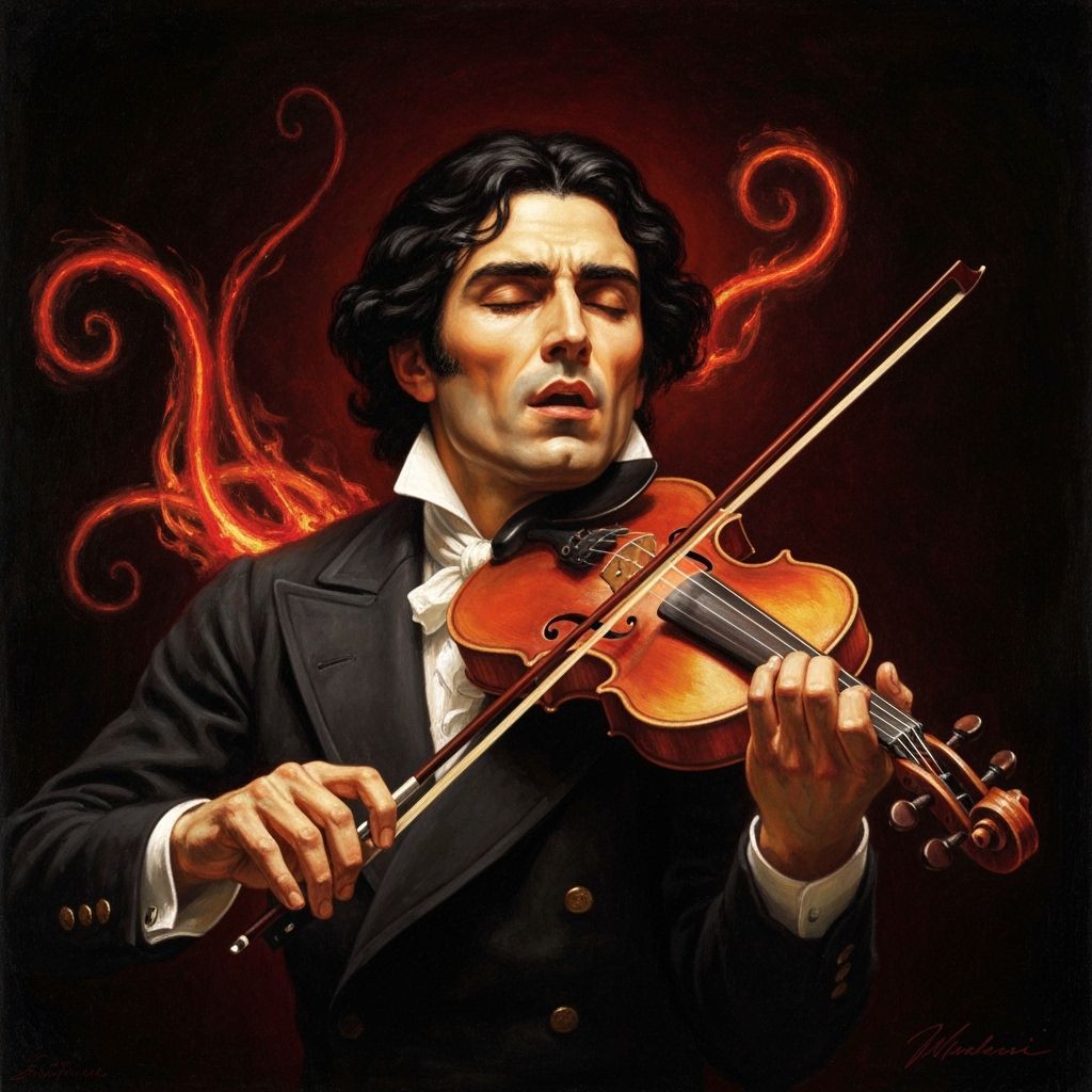 Paganini's Fiery Violin Performance as Dramatic Oil Painting
