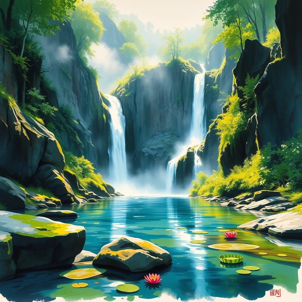 Vibrant Canyon Oasis with Majestic Waterfall