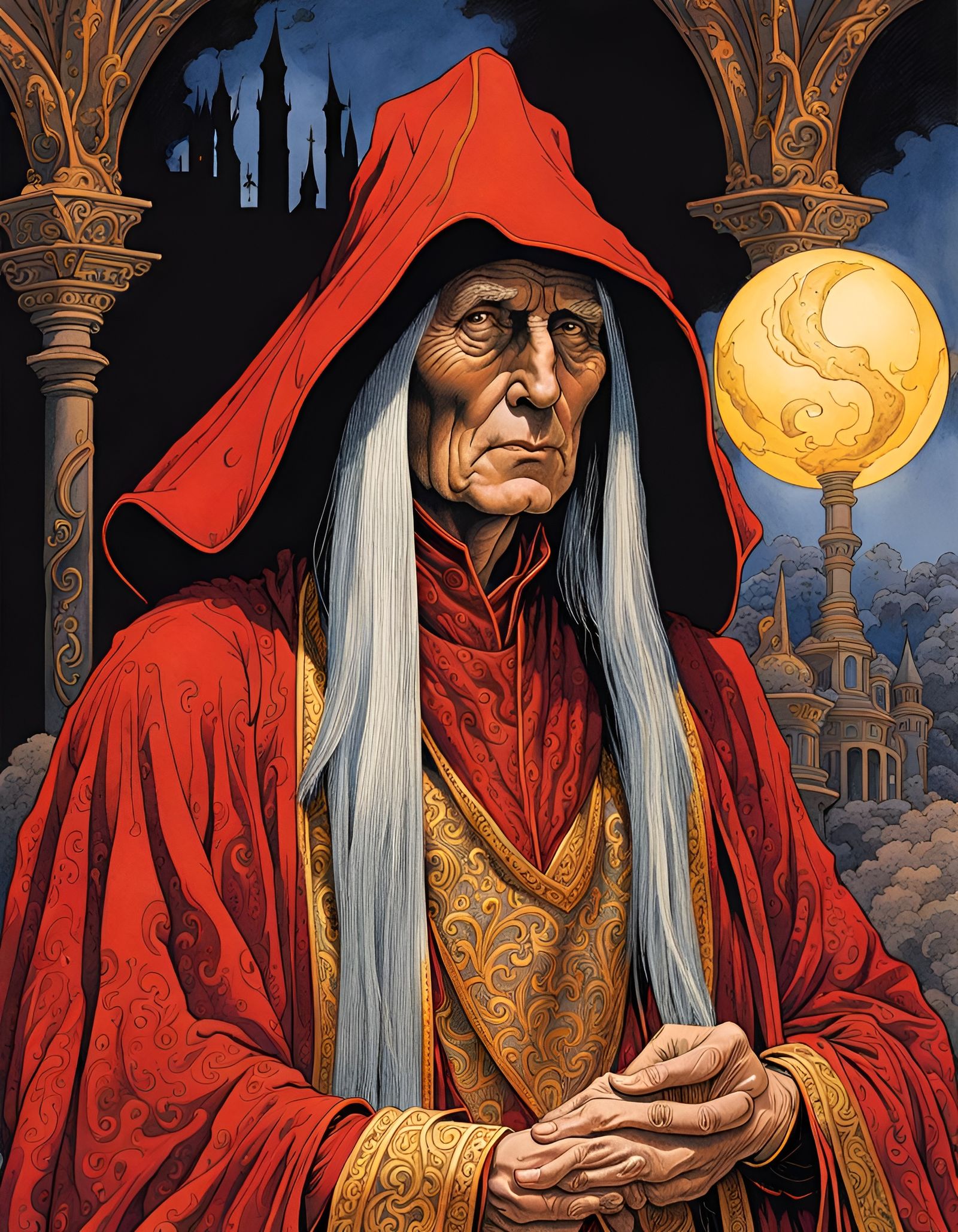 Sorcerer in Red Robes: Watercolor Portrait