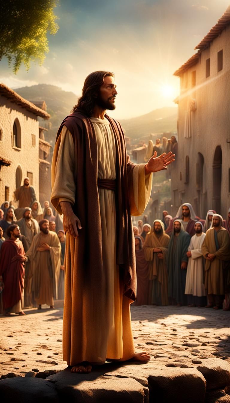 "Jesus stands in the middle of a bustling, chaotic village square. His presence, glowing with divine light, brings a cal...