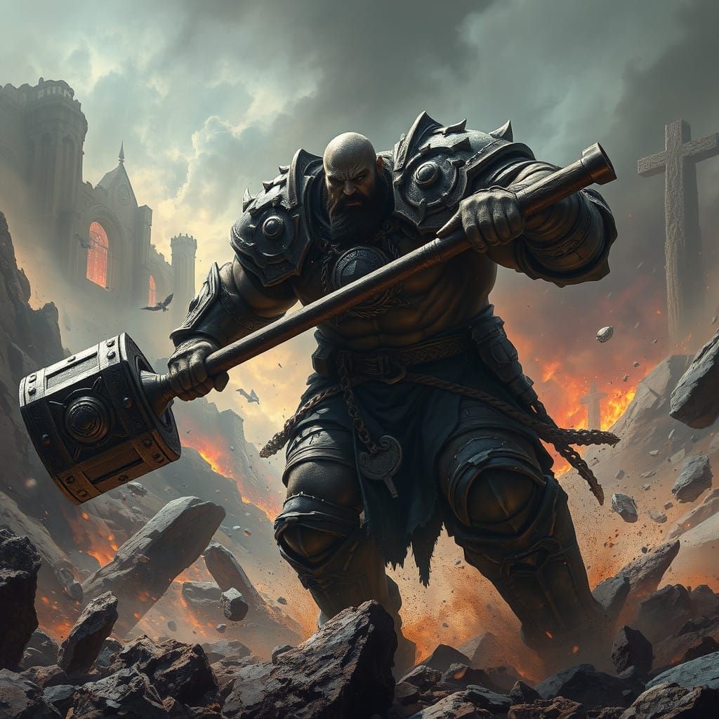 Hulking Warrior in Battered Armor Charges into a Frenzied Me...