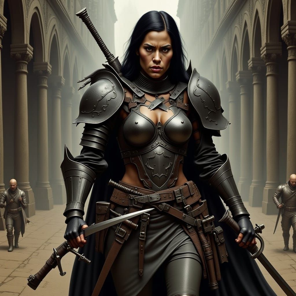 Armored Mercenary Woman in Dark Fantasy Style