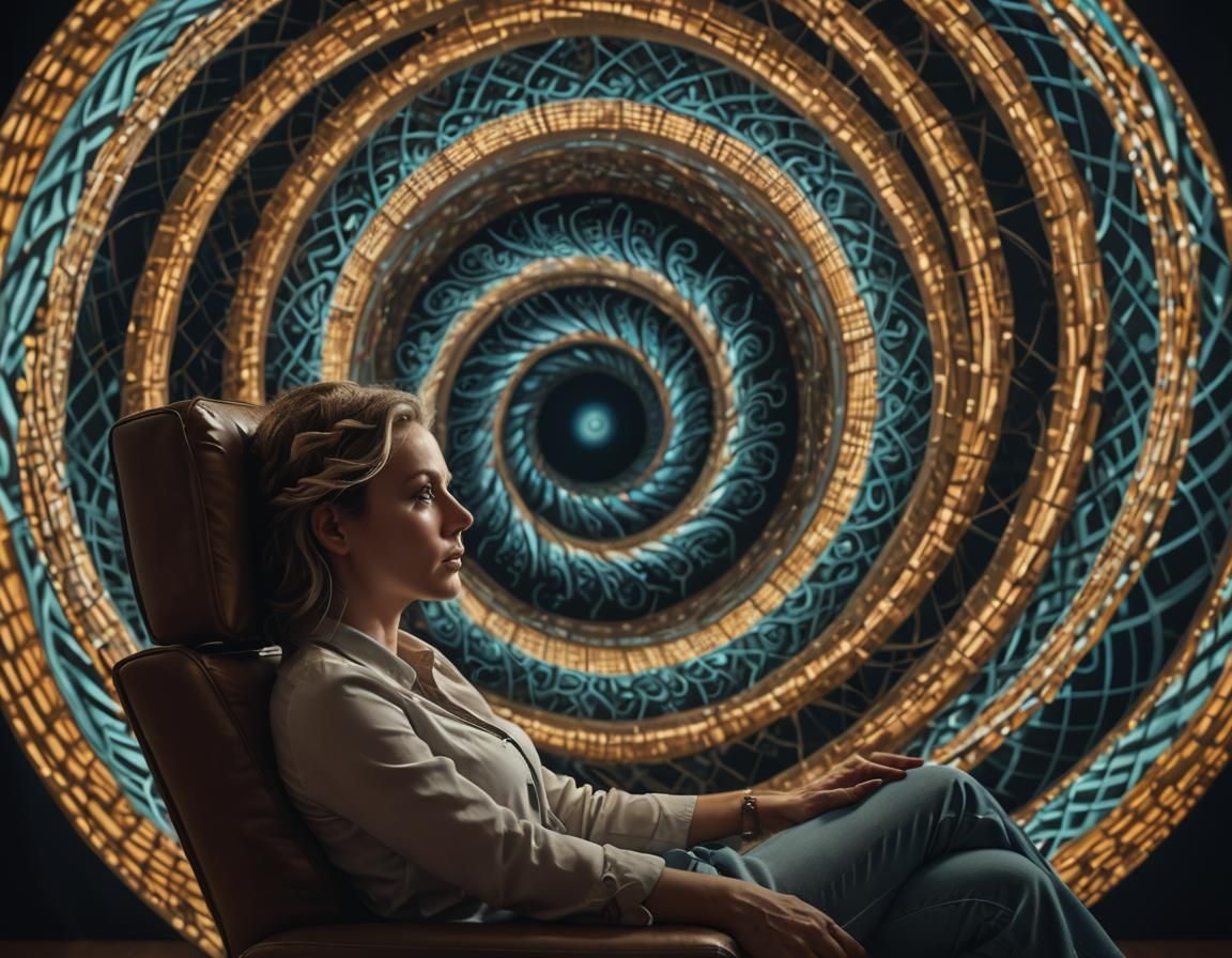 a woman sitting in a chair being hypnotized by a spiral bein...