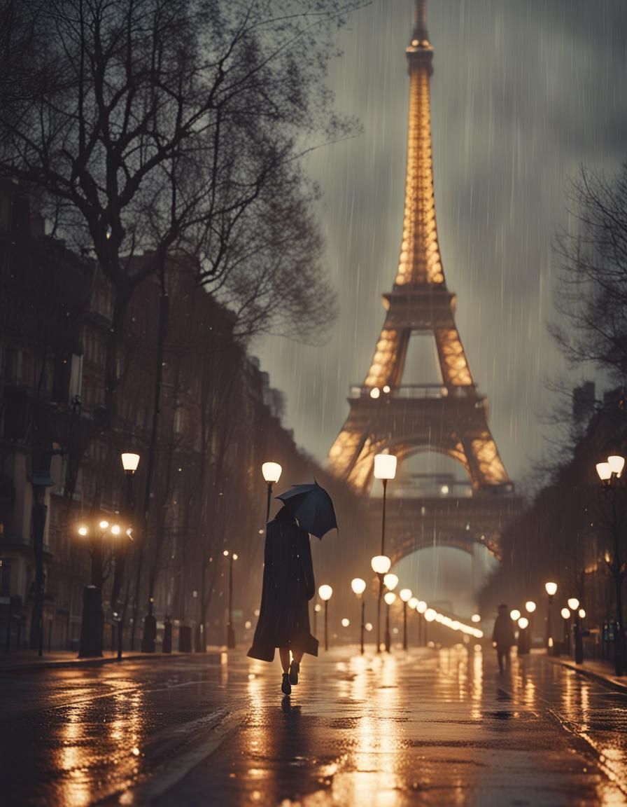 Rainy Paris Street at Dusk in Film Style