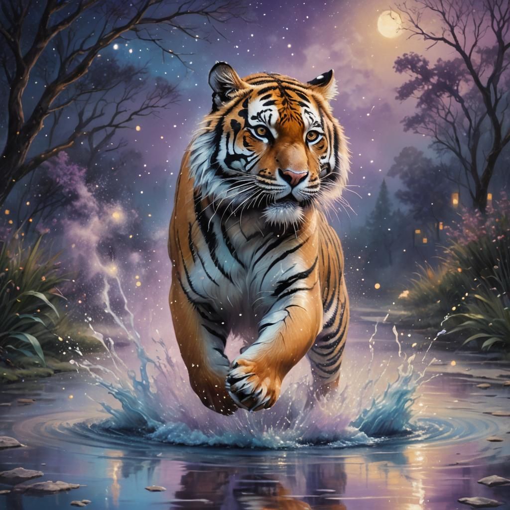 Ethereal Tiger Runs Under Starry Sky