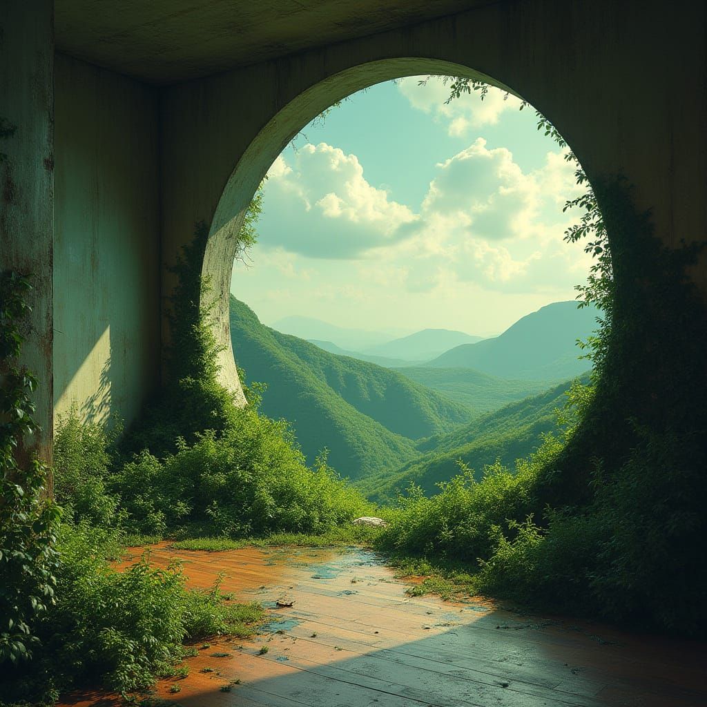 Surreal Interior: Green Hills Flow Through Abandoned Room