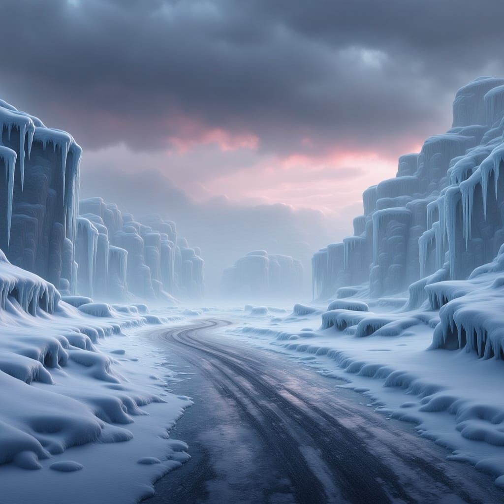 Desolate Snowy Road Under Pink-Hued Stormy Sky