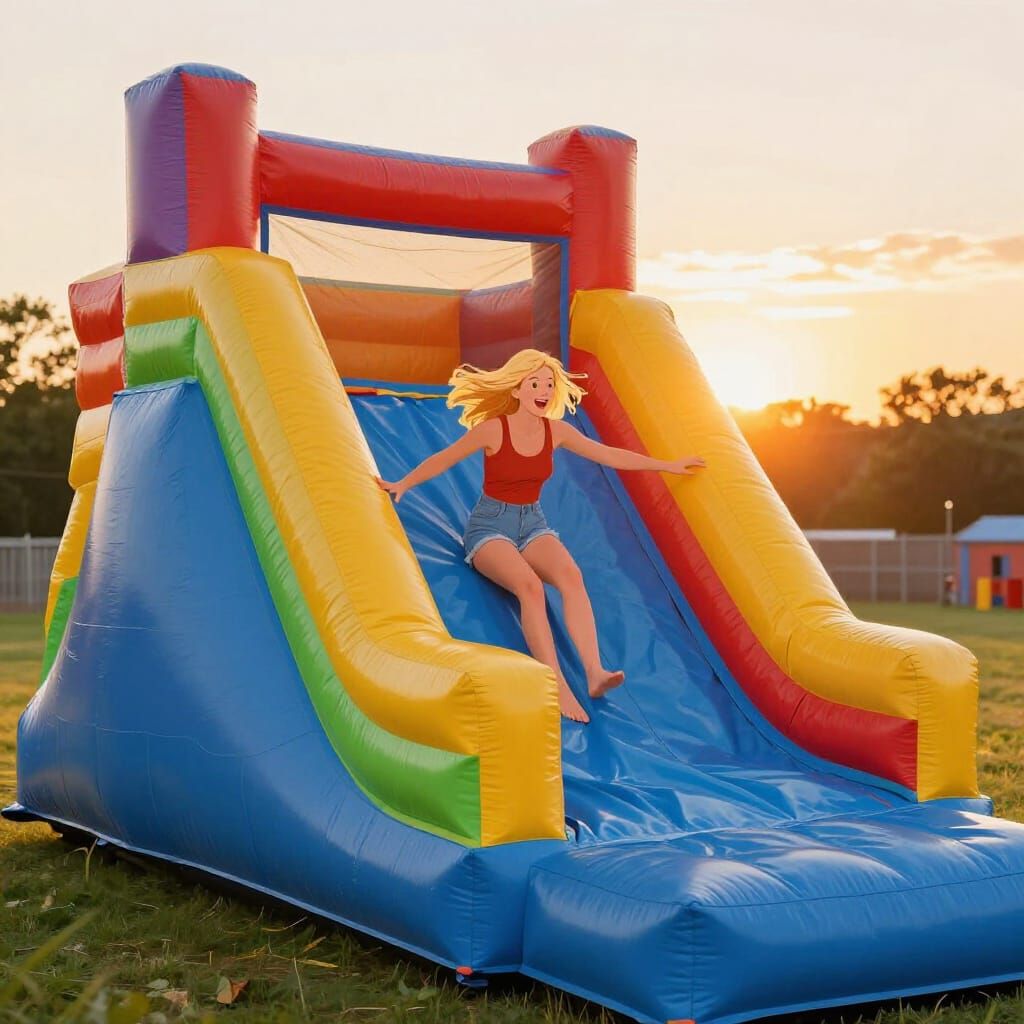 Joyful Woman Slides Down Bouncy House at Sunset