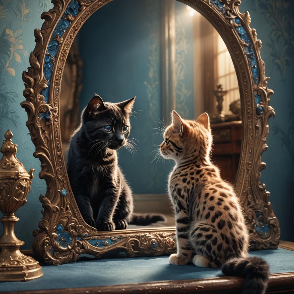 Kitten Sees Panther Reflection: Fantasy Concept Art