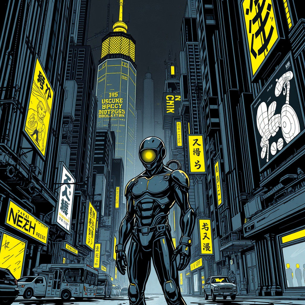 Cybernetic Eye in Gritty Retropunk Cityscape