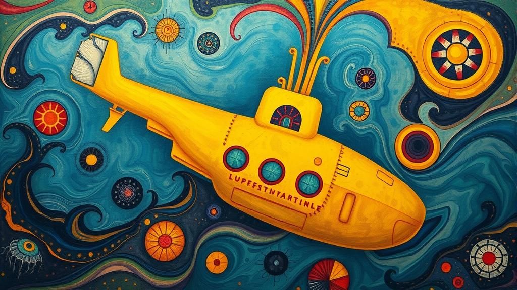 Surreal Yellow Submarine in Dreamlike Abstract Sea