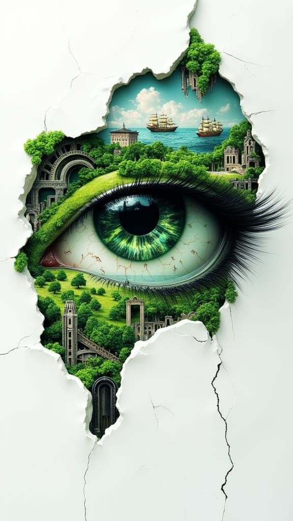 A Photorealistic Eye Made of Collage and Mosaic with Whimsic...