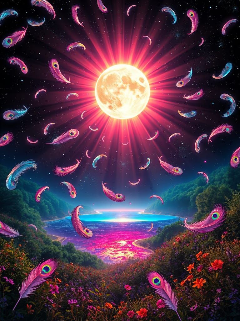 Cosmic Bioluminescence: Falling Feathers in a Dreamlike Land...