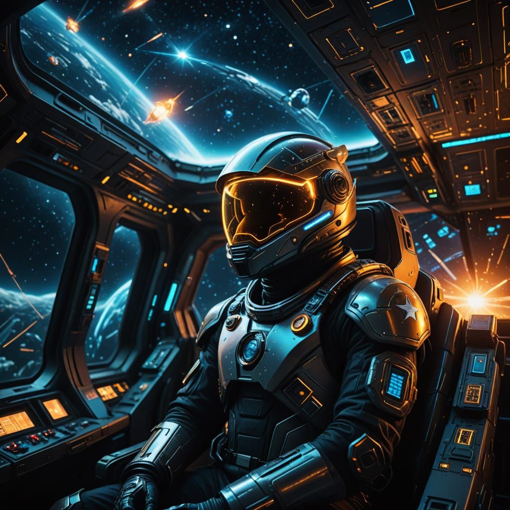 Space Traveler in Futuristic Cockpit Awaits Cosmic Discovery