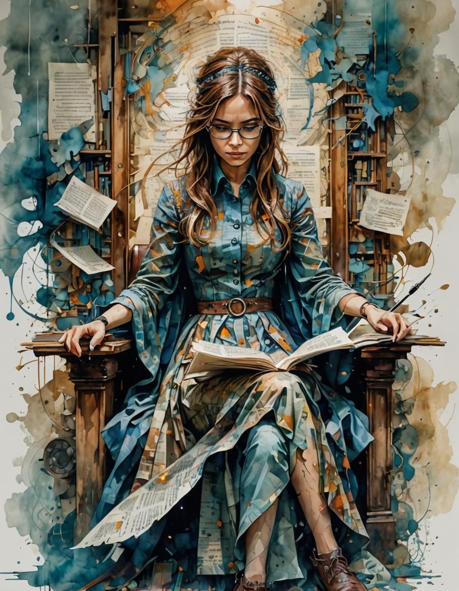 Librarian Emerging from Text Page in Watercolor Art