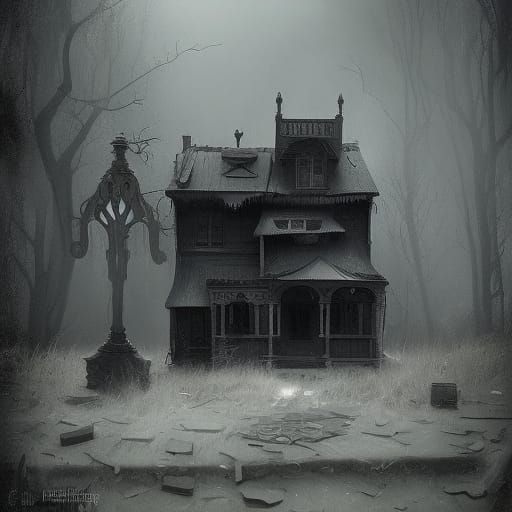 Sinister Dollhouse in Grayscale, Detailed Rendering