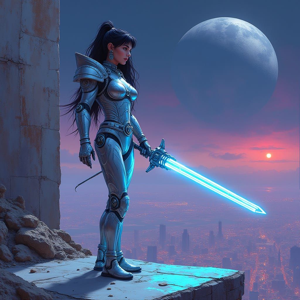 Cyberpunk Warrior Princess in Epic Cityscape