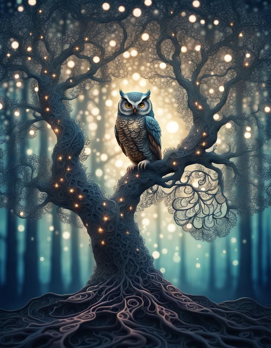 Lace Tree Forest with Owl, Whimsical Digital Art