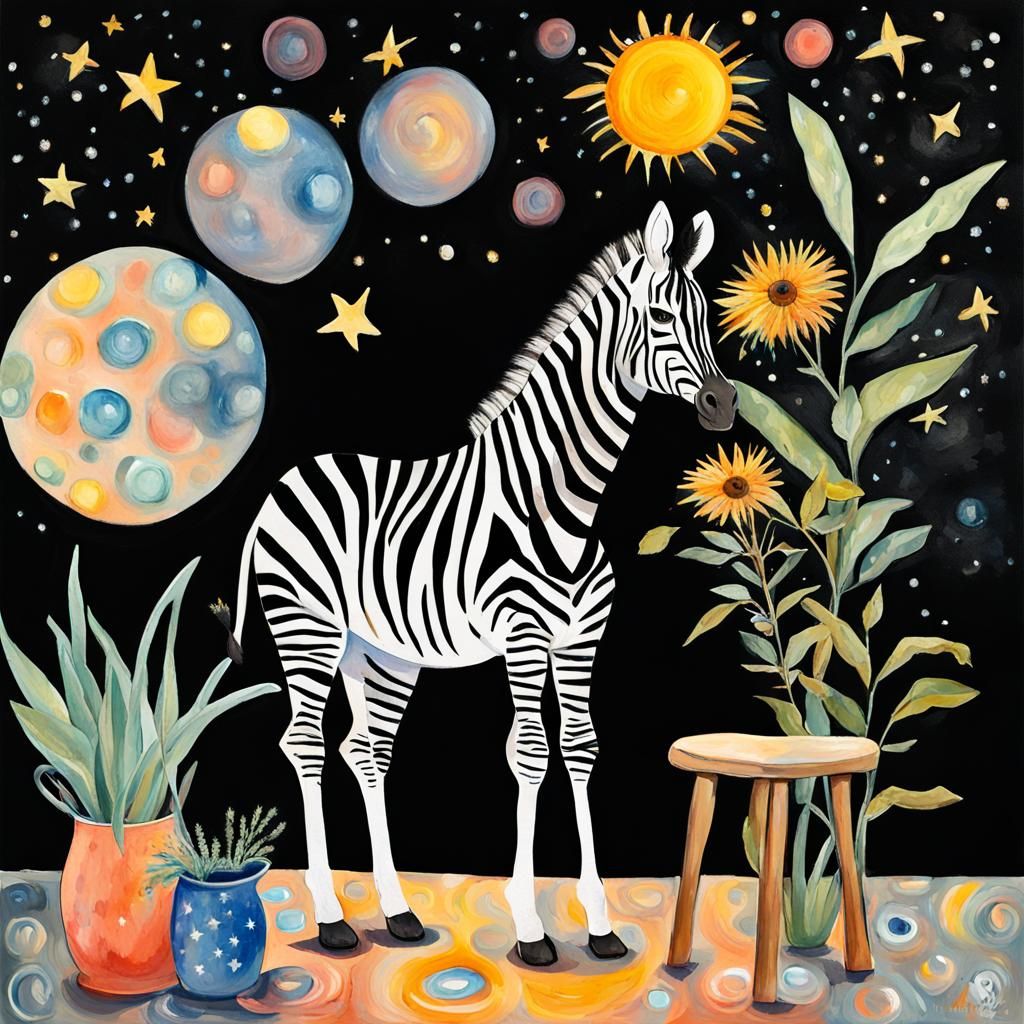 Zebra and Giraffe in Gouache Impressionist Style