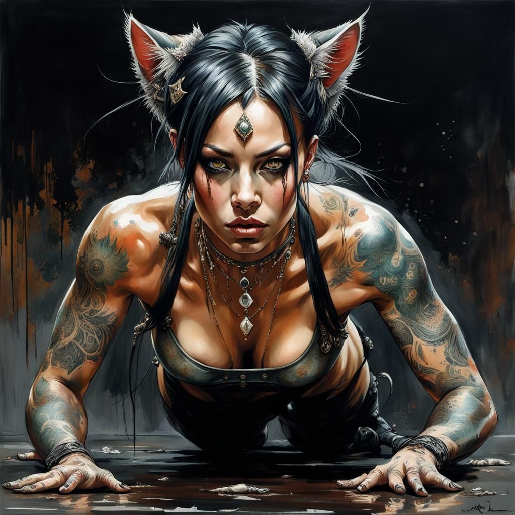 Metallic Cat Woman in Dark Fantasy Style