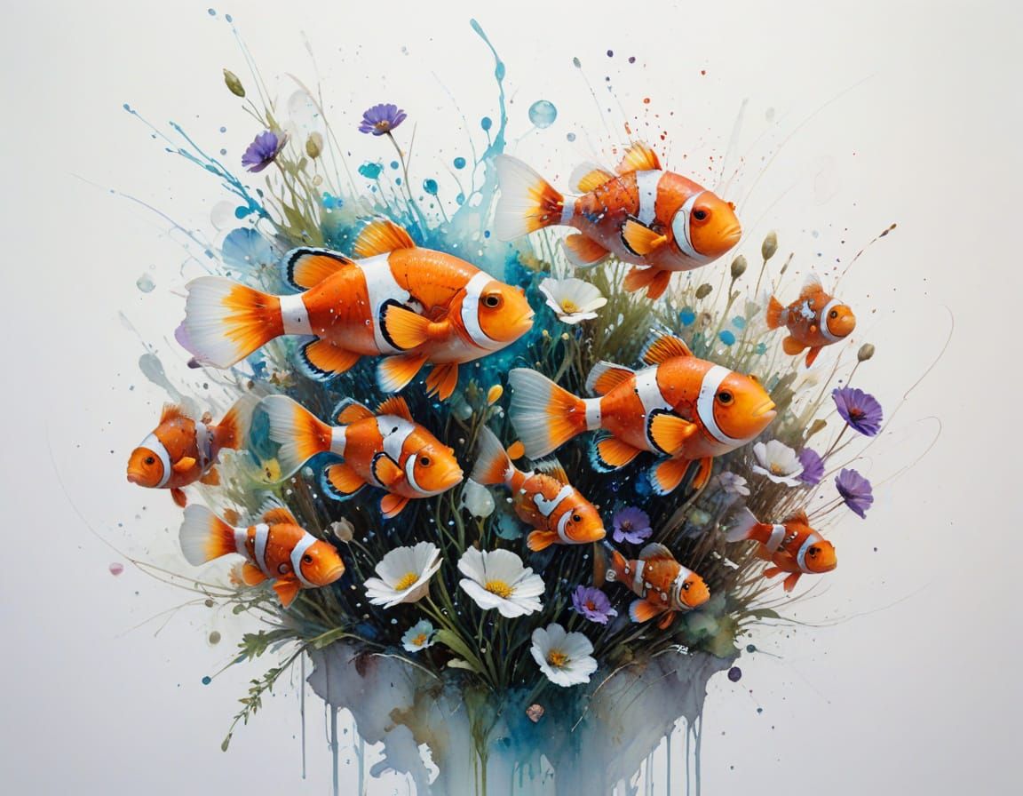 Clownfish in Anemone Garden: Neo-Impressionist Oil Painting