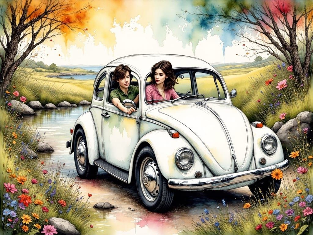 Couple in VW Bug, Ink Art Style