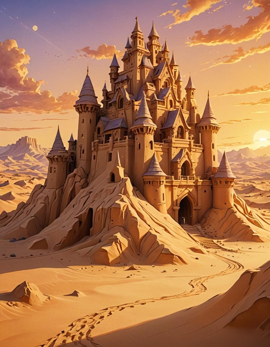 Earthbender's Giant Sand Castle at Sunset: Digital Art