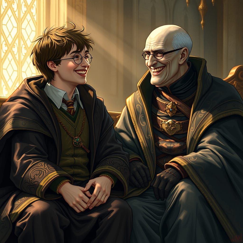 Harry Potter and Voldemort Laughing Together in Golden Light
