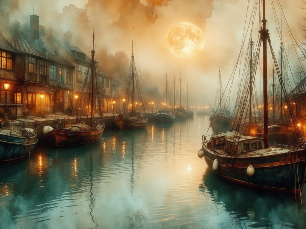 Mystical Moonlit Harbor Village in Watercolor Style