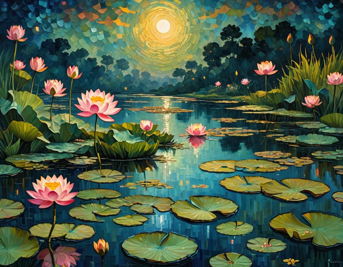 Moonlit Lotus Pond: An Impasto Painting