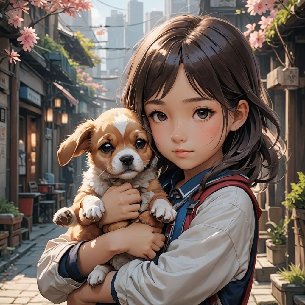 Anime Girl with Puppy: Detailed Digital Concept Art
