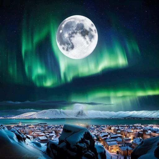 Polar Bear Gazing at Reykjavik Aurora