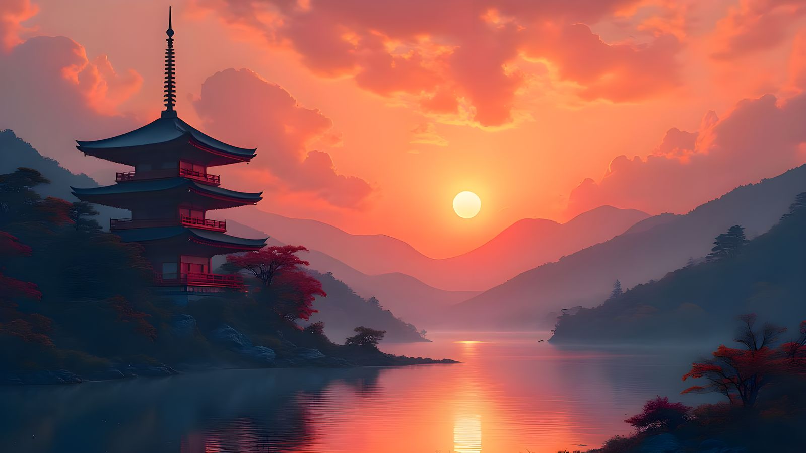 Surreal Japanese Sunset Scene