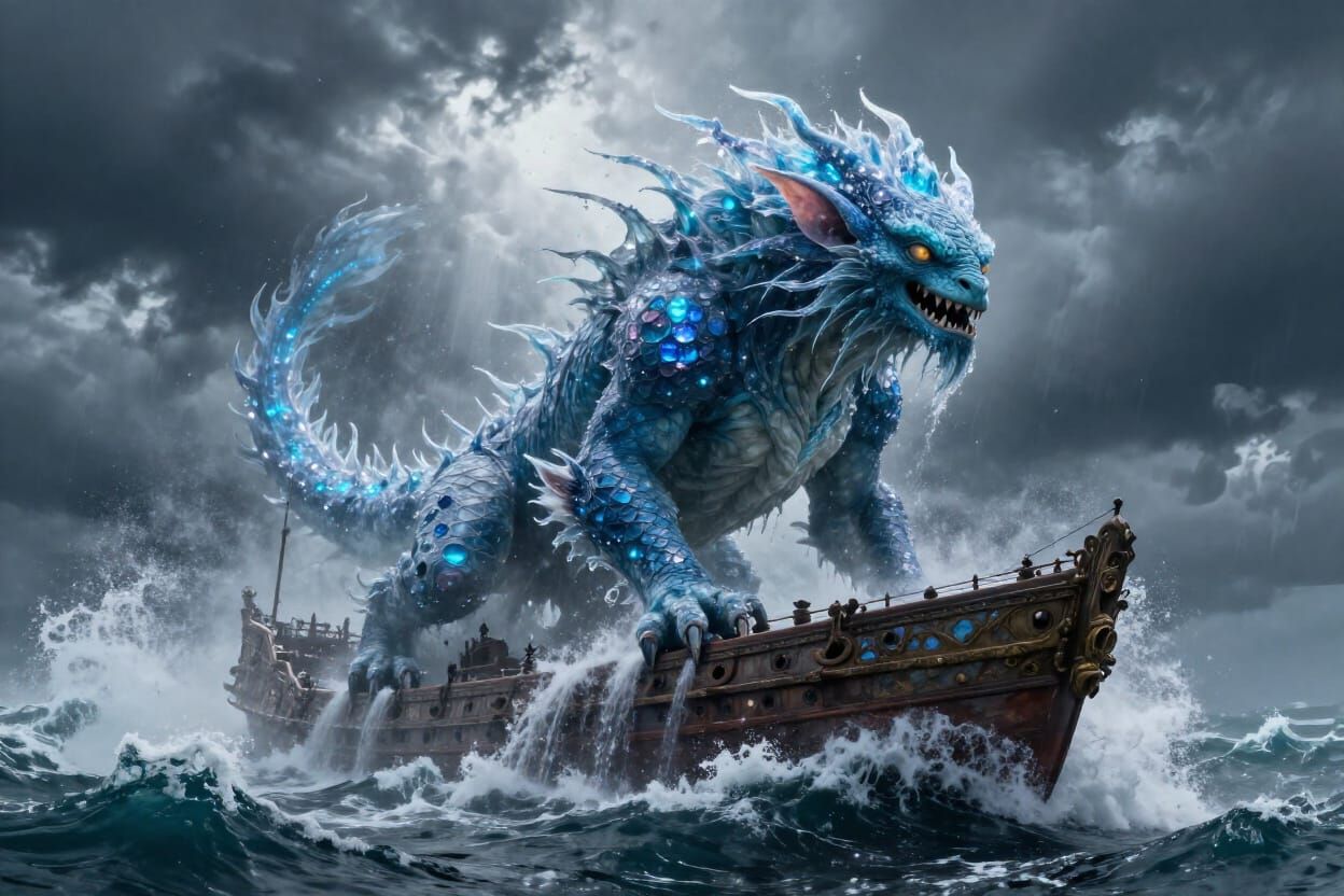 Colossal Water Elemental Engulfs Ship in Stormy Sea