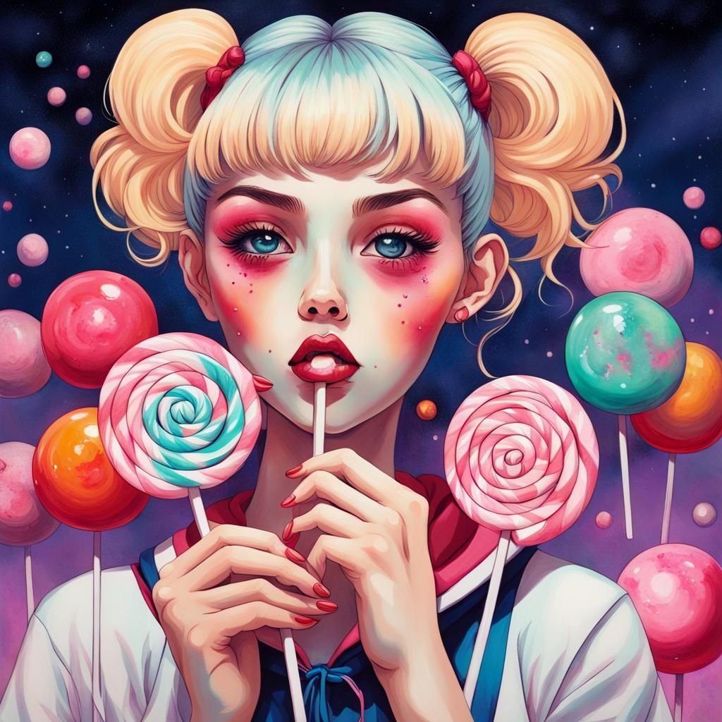 Girl with Lollipop in Pop Surrealist Style